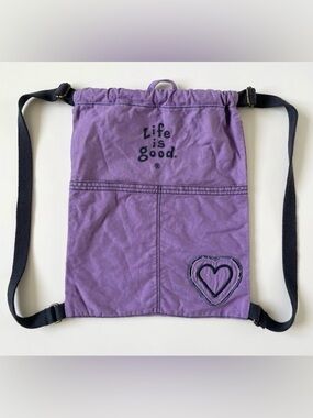 Life Is Good Purple Drawstring Backpack with Dark Straps